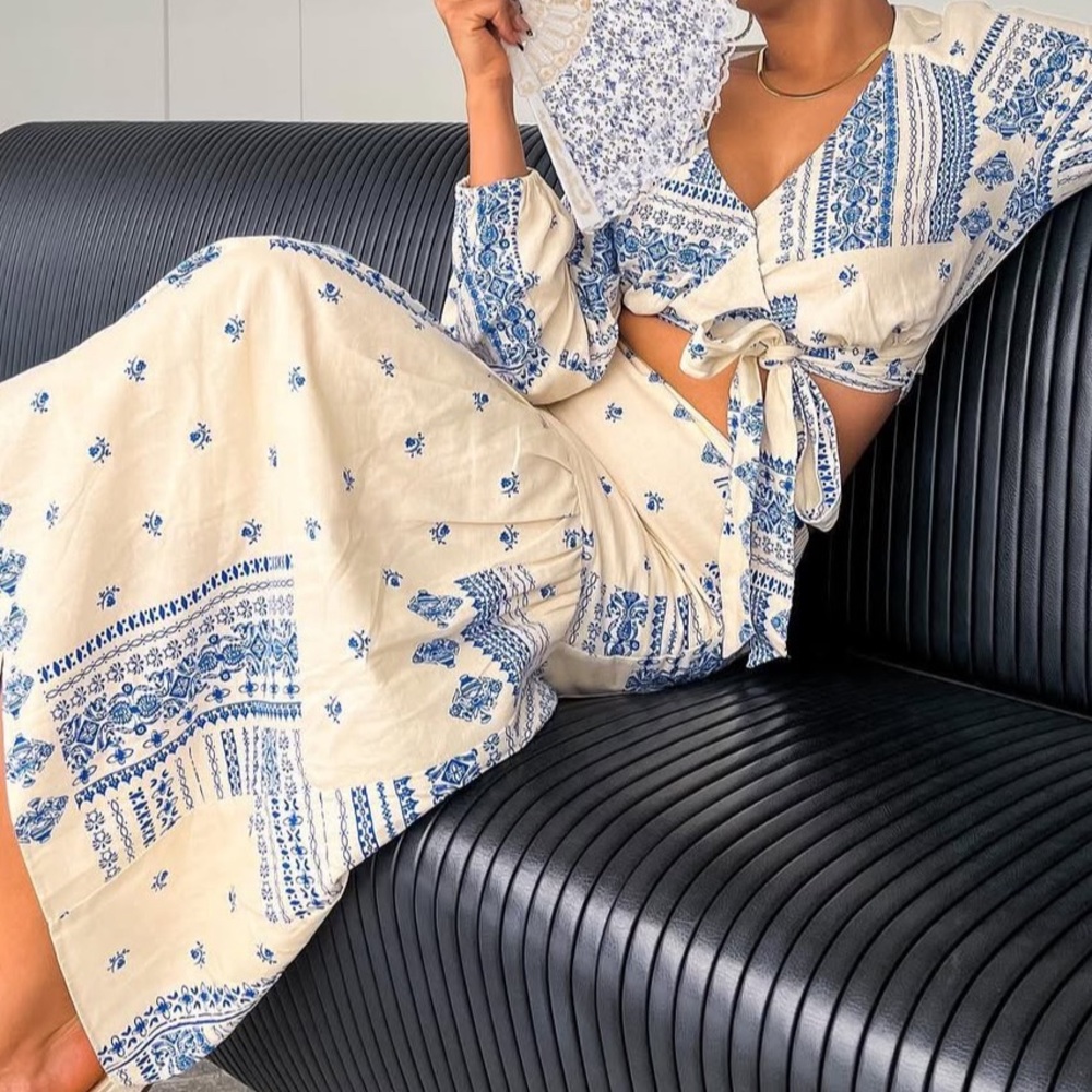 Anthropologie Maison D'Amélie Paris Blue Tile Print WrapTop and Skirt Set Small